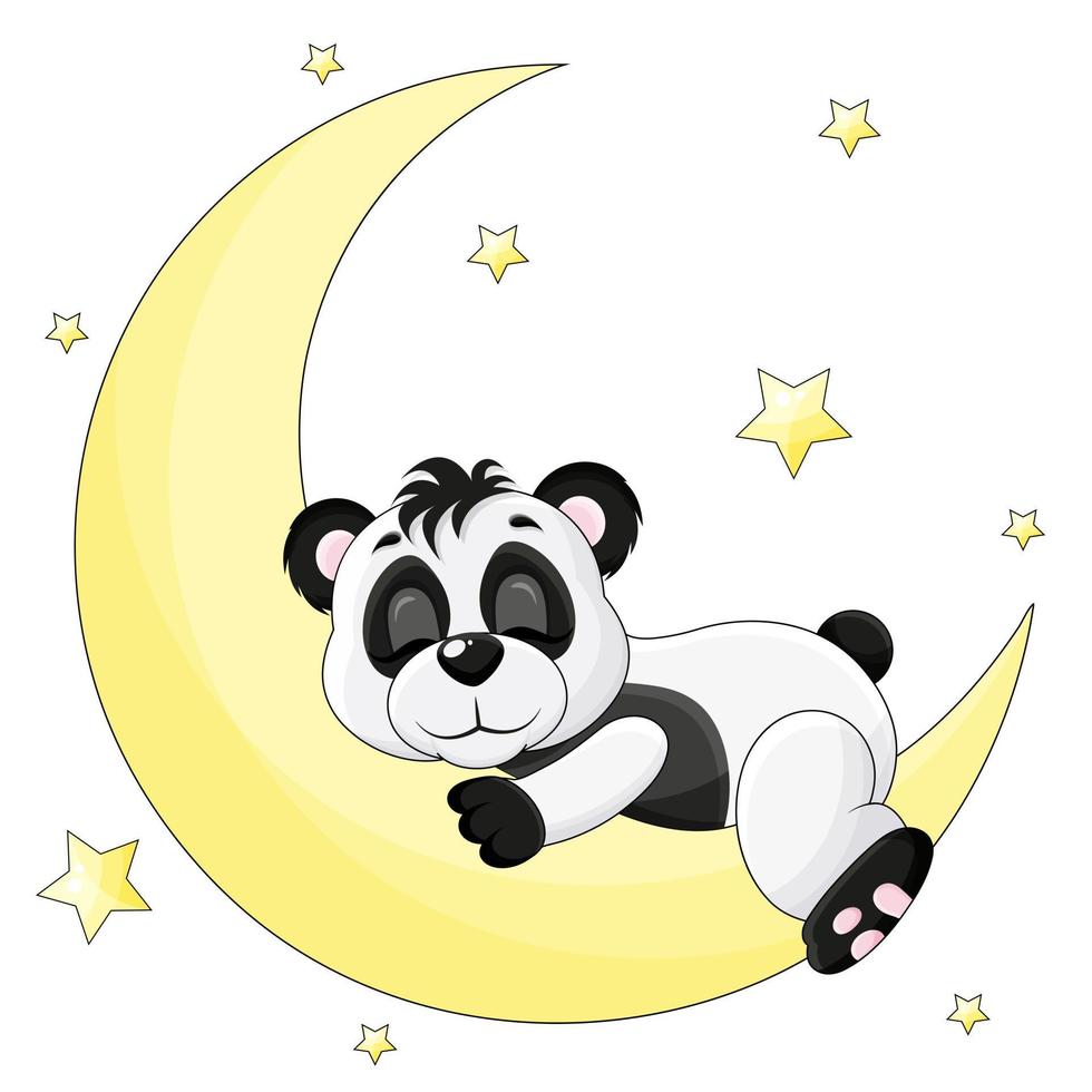 il simpatico panda dorme sulla luna con le zampe penzoloni vettore