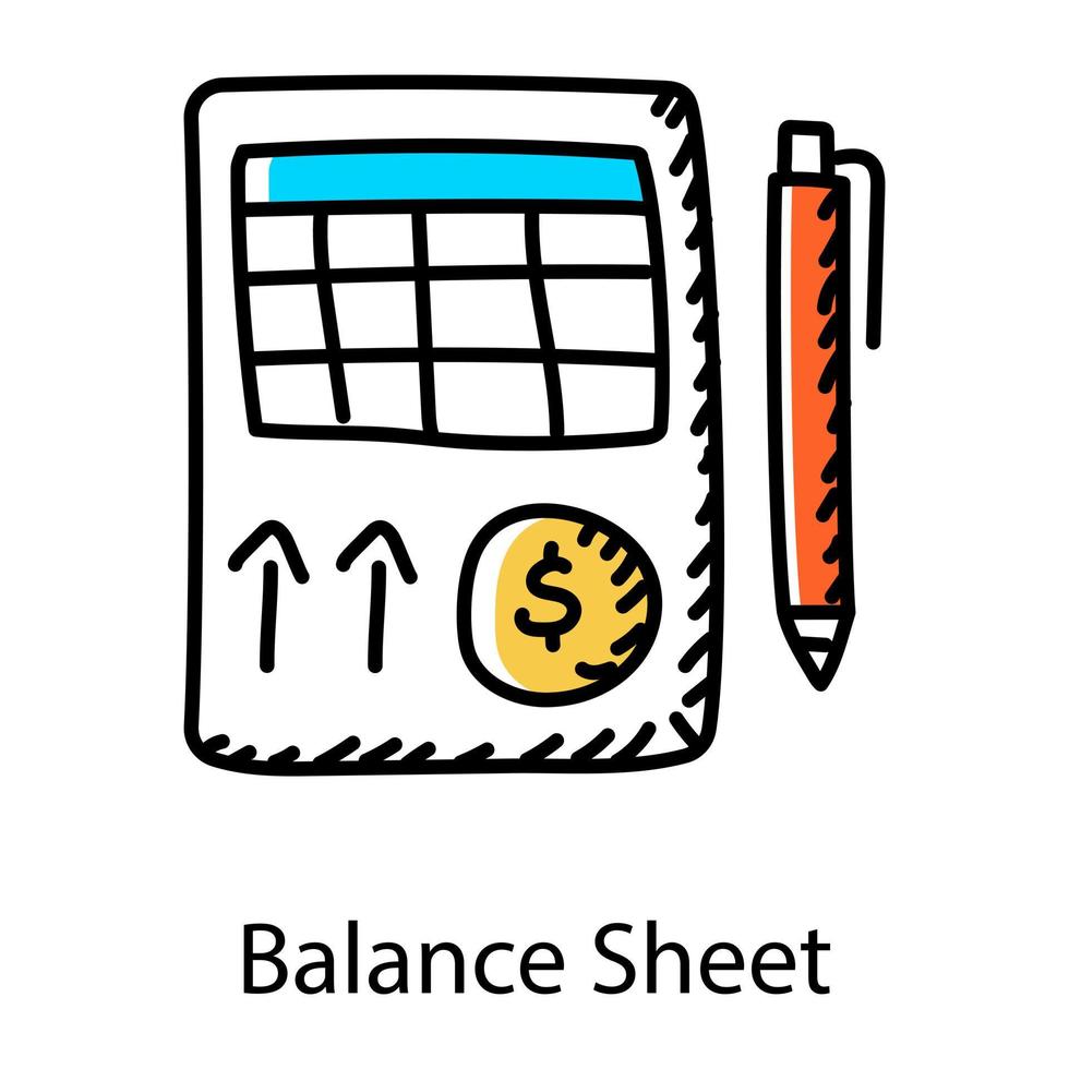 foglio con penna che indica l'icona doodle del bilancio vettore