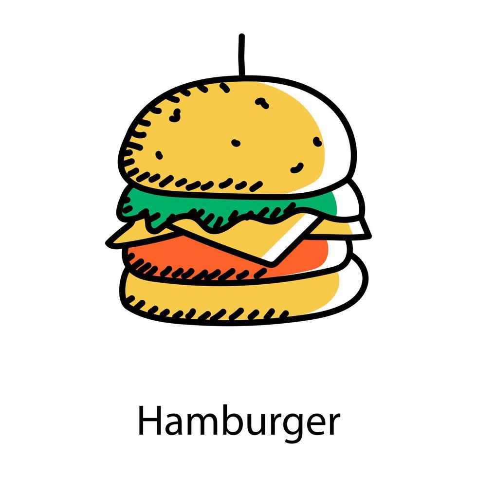hamburger nell'icona di stile doodle, fast food vettore
