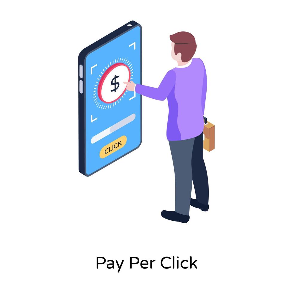 illustrazione isometrica pay per click dell'app di guadagno online vettore