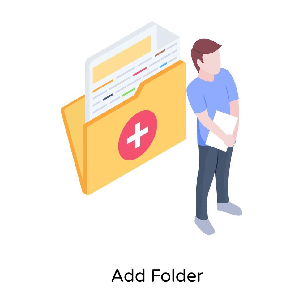 creazione di una nuova directory di dati, illustrazione isometrica della cartella di aggiunta vettore