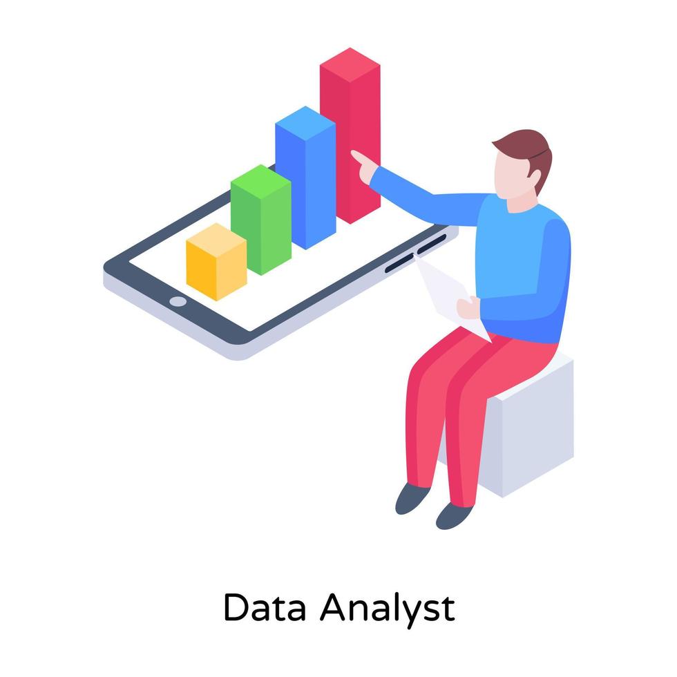 uomo con grafico, un concetto di illustrazione isometrica dell'analista di dati vettore