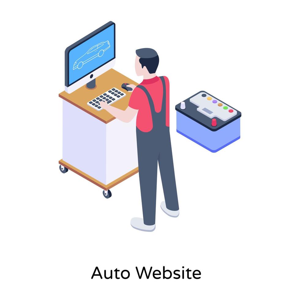 persona che monitora l'auto, icona isometrica del sito Web dell'auto vettore