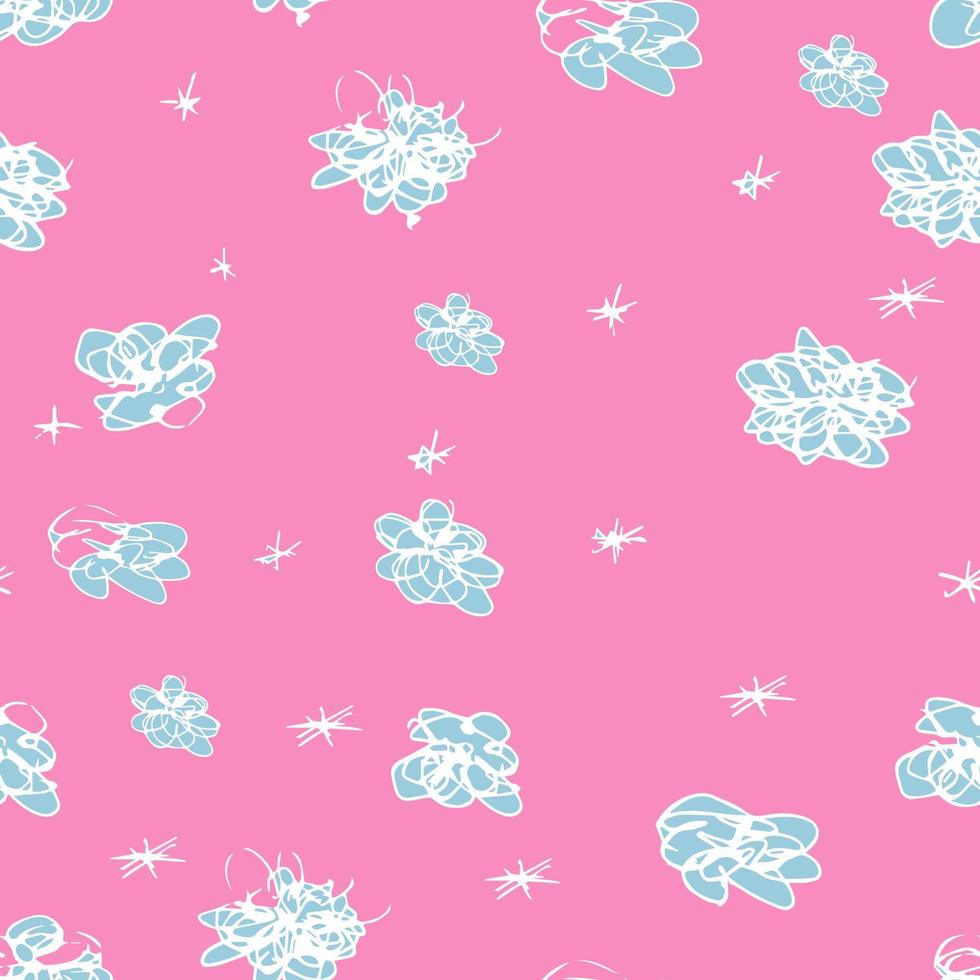 modello vettoriale senza soluzione di continuità con nuvole blu astratte su sfondo rosa. fiori disegnati a mano libera e stelle stile per bambini. buona pagina web, sfondo del blog, carta da parati, tessuto, tessuto e stampa di piastrelle