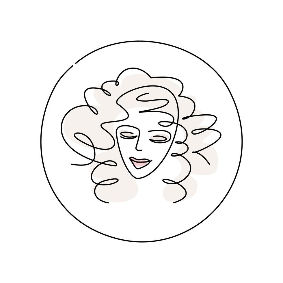 faccia di ragazza - logo rotondo. icona del salone di bellezza. acconciatura, trucco - illustrazione vettoriale di una linea. minimalismo