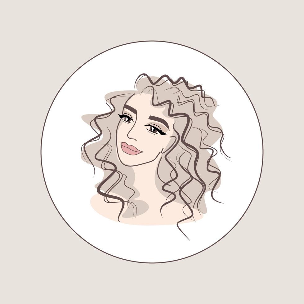 logo del viso della ragazza rotondo. icona del salone di bellezza. bella donna faccia - illustrazione vettoriale. capelli e trucco vettore