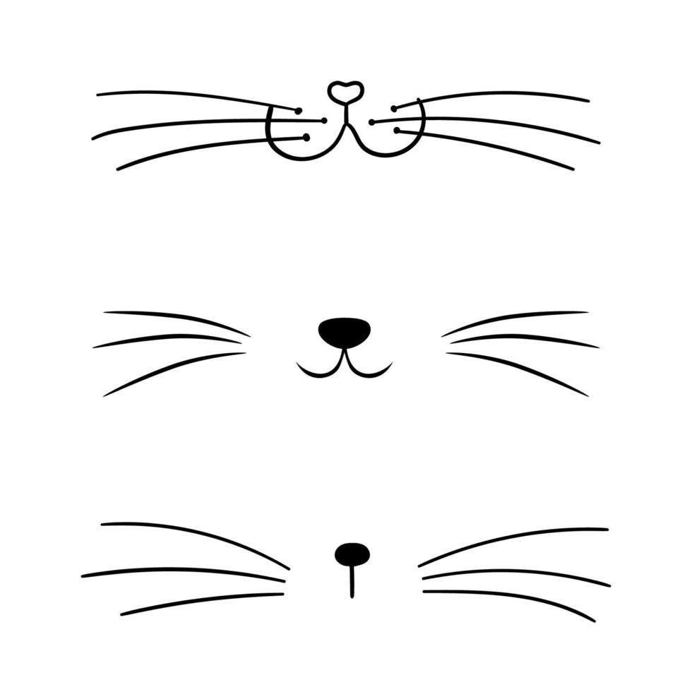 set di naso di cuore di gatto piatto vettoriale. collezione di icone di sagoma faccia di gatto carino vettore