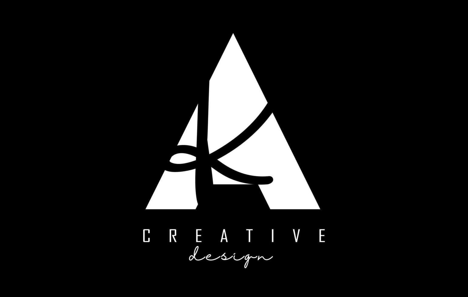 logo della lettera ak in bianco e nero con un design spaziale minimalista e negativo. lettere astratte con tipografia geometrica e scritta a mano. vettore