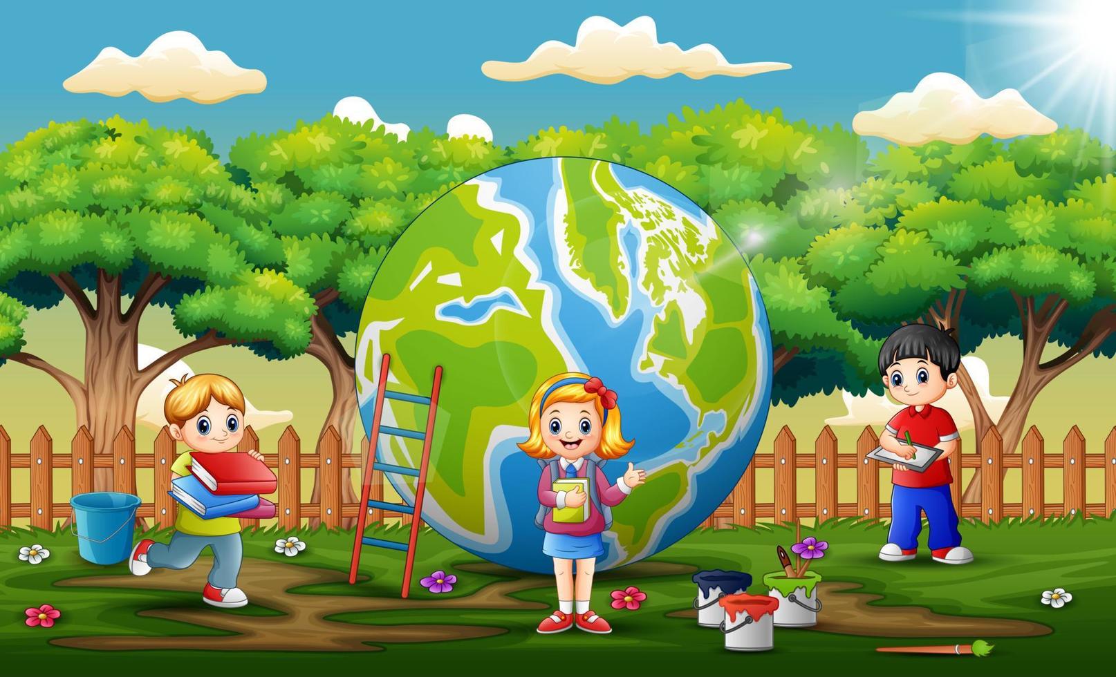 bambini delle scuole con la grande terra colorata vettore