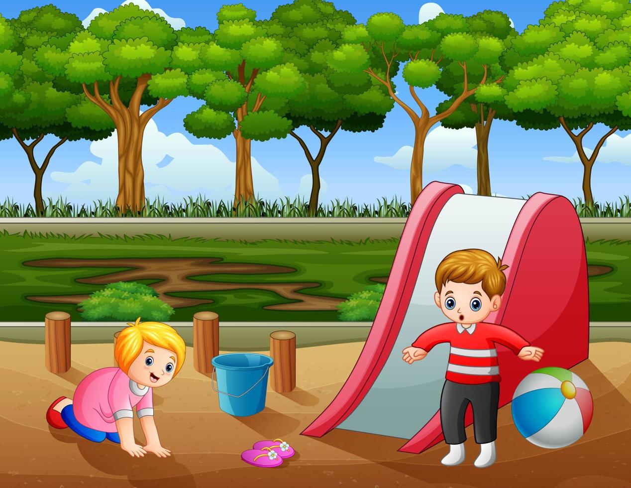 bambini felici che giocano nel parco giochi vettore