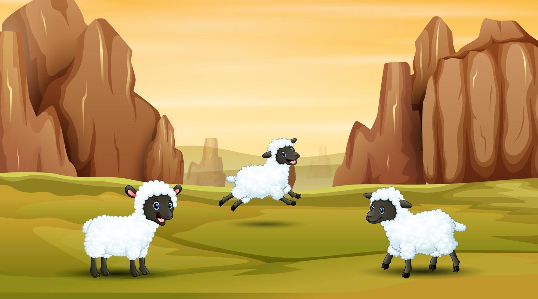 tre pecore che giocano sul campo vettore
