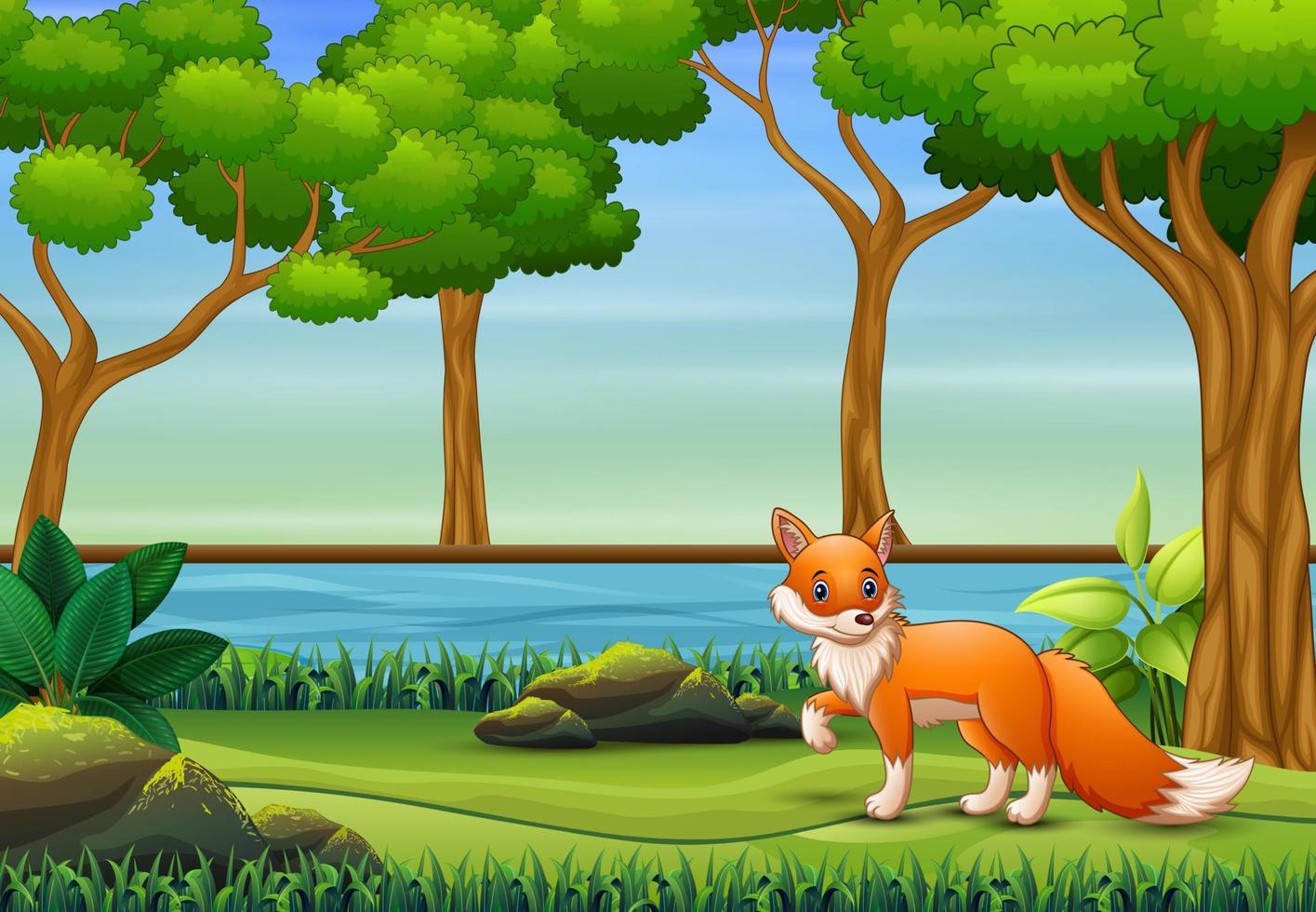 cartone animato di volpe che gioca nella giungla vettore