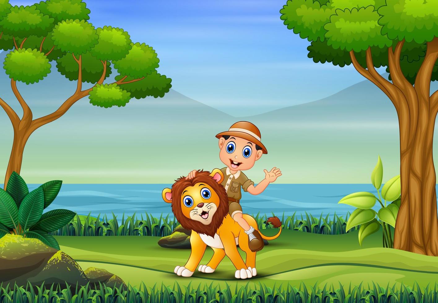 ragazzo safari con leone che cammina nella natura vettore