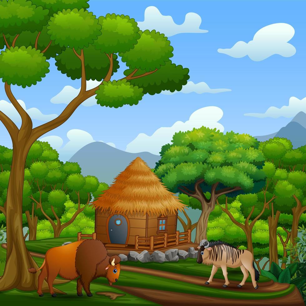 scena con casetta in legno con animali vettore