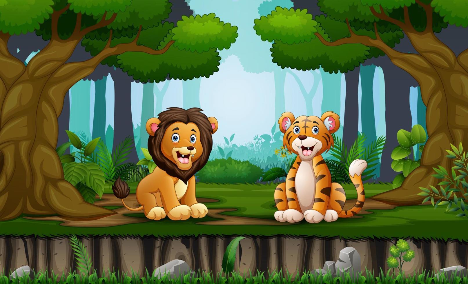leone e tigre seduti nel mezzo della foresta vettore