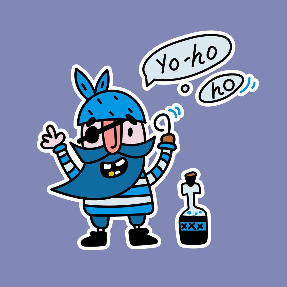 doodle adesivo pirata con una benda sull'occhio e una bottiglia di rum, scritte yohoho. grafica vettoriale per pacchetto di adesivi o emoji.