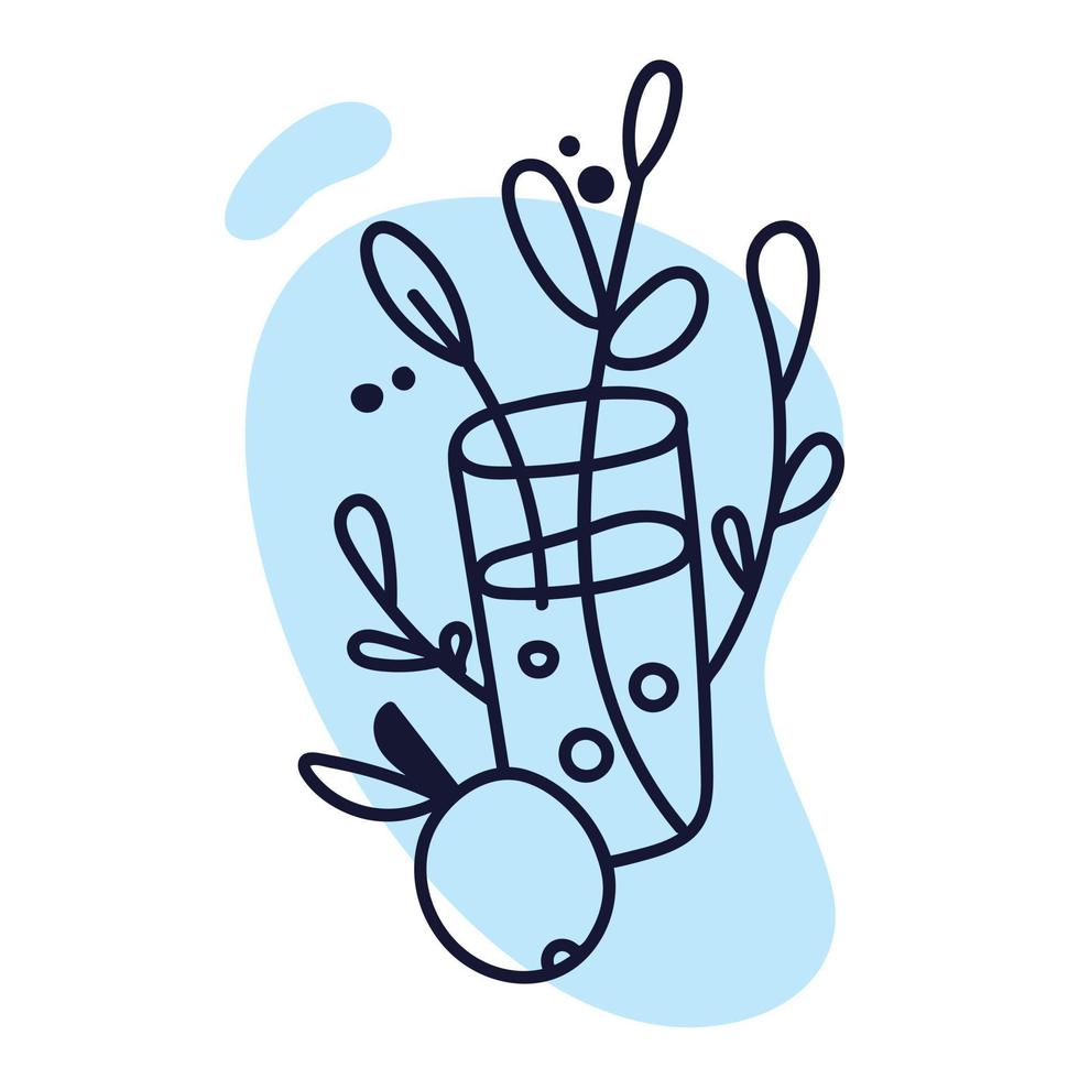 bicchiere d'acqua con foglie e mela, doodle stile linea nera su blu, isolato su sfondo bianco. design di uno stile di vita sano quotidiano. vettore