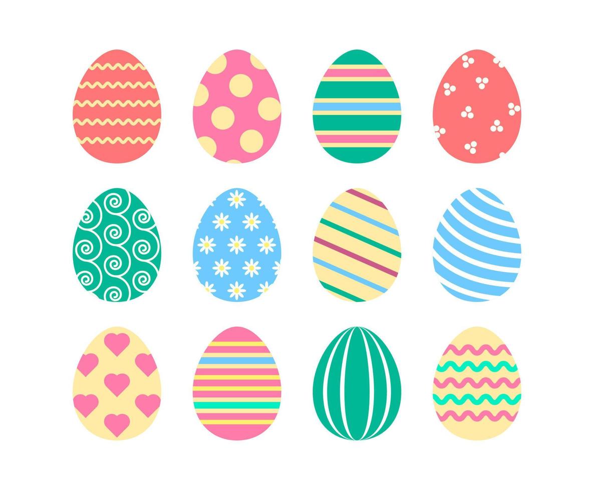 uova di Pasqua piatte colorate con motivi divertenti. set per le vacanze di primavera per la decorazione. icone vettoriali isolate su sfondo bianco