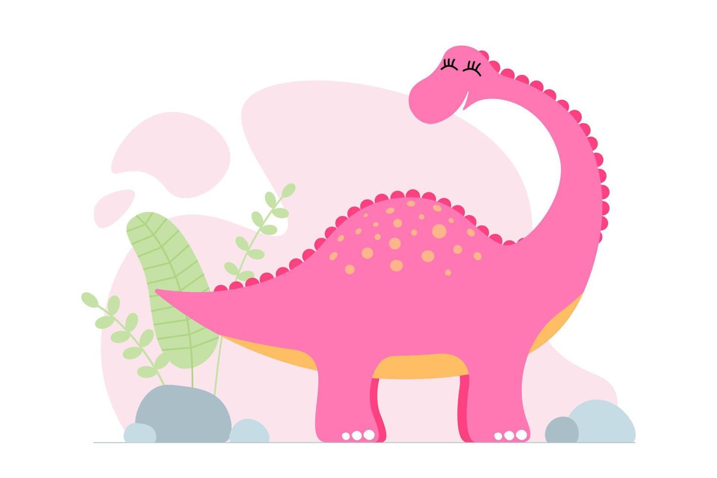 simpatico brontosauro dino rosa. gentile sorridente cucciolo di dinosauro brachiosaurus. banner di stampa di progettazione grafica del bambino del fumetto. design originale da ragazza creativo. illustrazione eps vettoriale diplodocus del disegno a mano