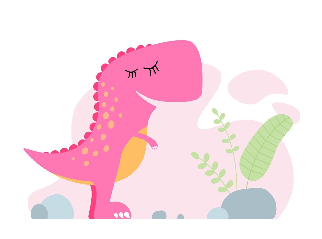 simpatico dinosauro rosa. tirannosauro di dinosauro bambino sorridente gentile. banner di stampa di progettazione grafica del bambino del fumetto. design originale t-rex da ragazza creativo. illustrazione vettoriale eps di disegno a mano