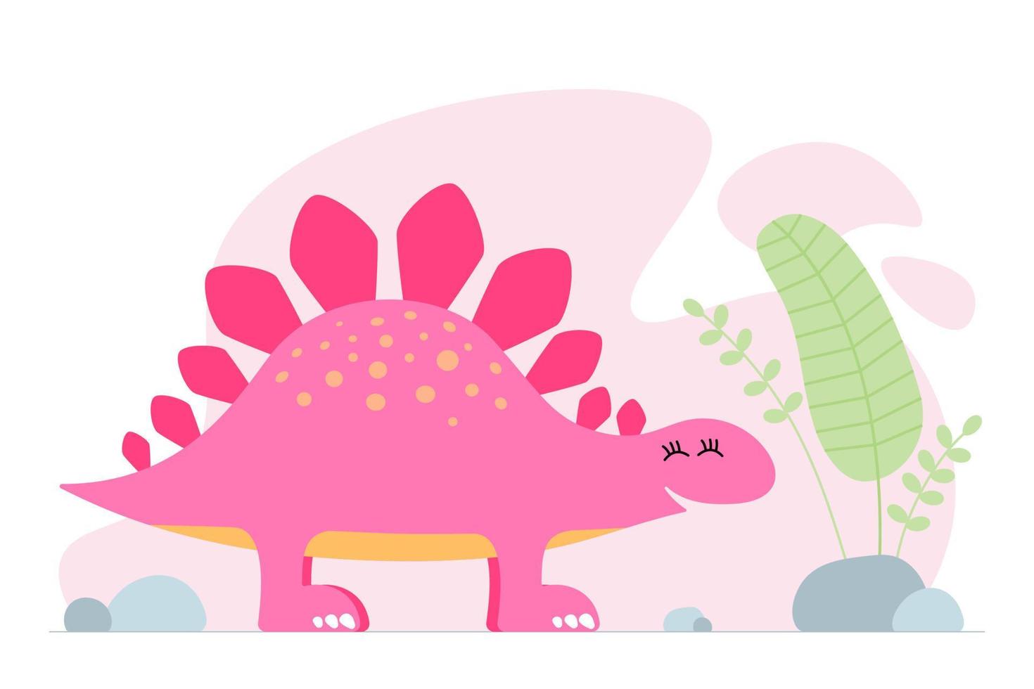simpatico dinosauro rosa. stegosauro di dinosauro bambino sorridente gentile. banner di stampa di progettazione grafica del bambino del fumetto. design originale da ragazza creativo. illustrazione vettoriale eps di disegno a mano