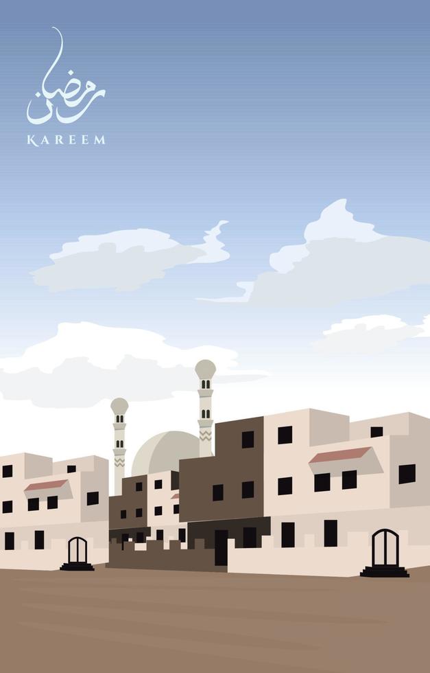 cartolina d'auguri islamica del ramadan kareem del medio oriente della moschea della città araba vettore