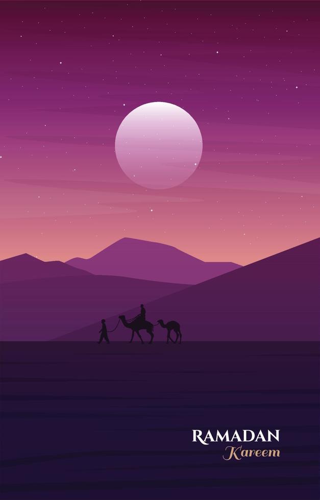 caravan notte araba deserto paesaggio islamico ramadan kareem biglietto di auguri vettore