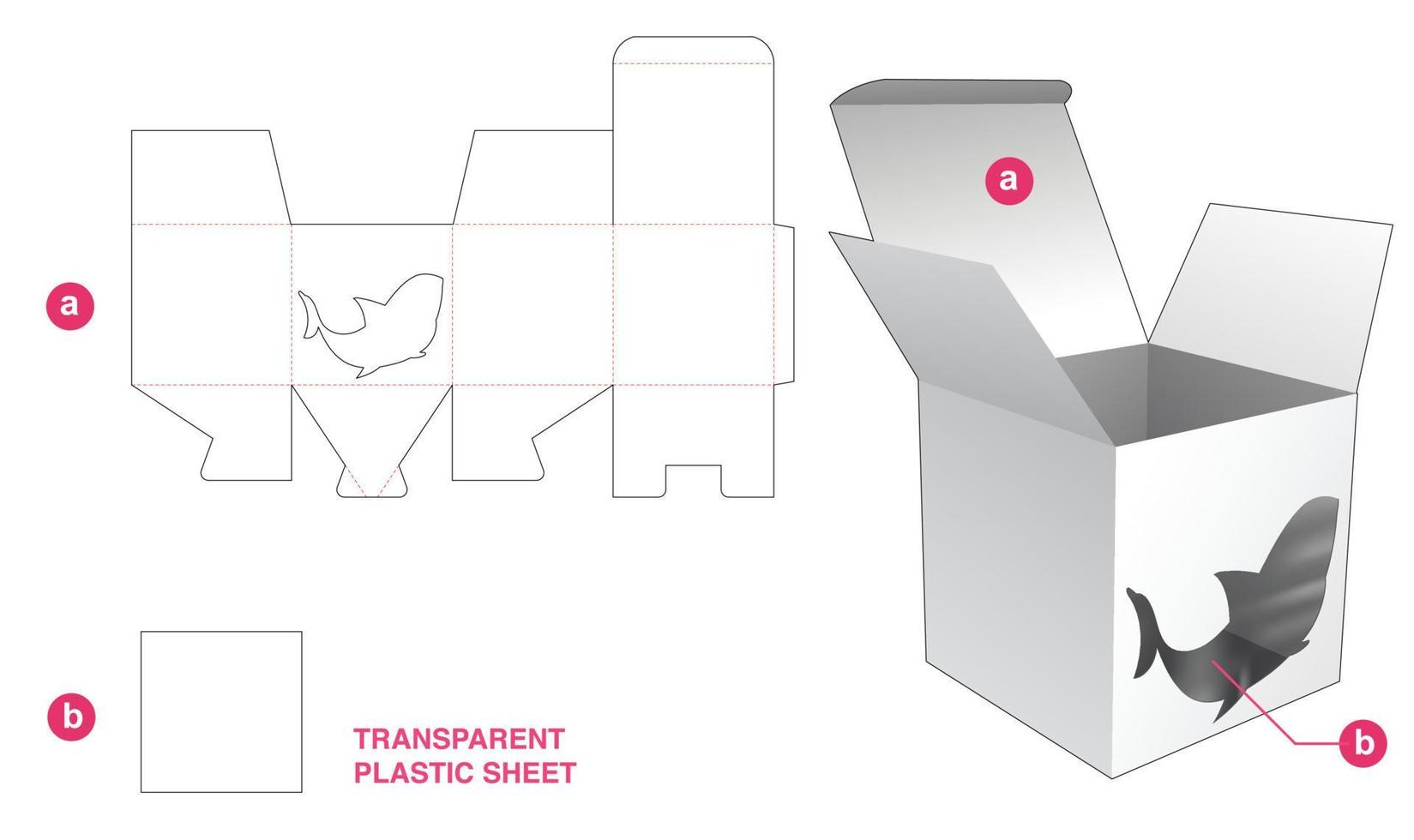 scatola di imballaggio con finestra a squalo e dima fustellata in foglio di plastica trasparente vettore