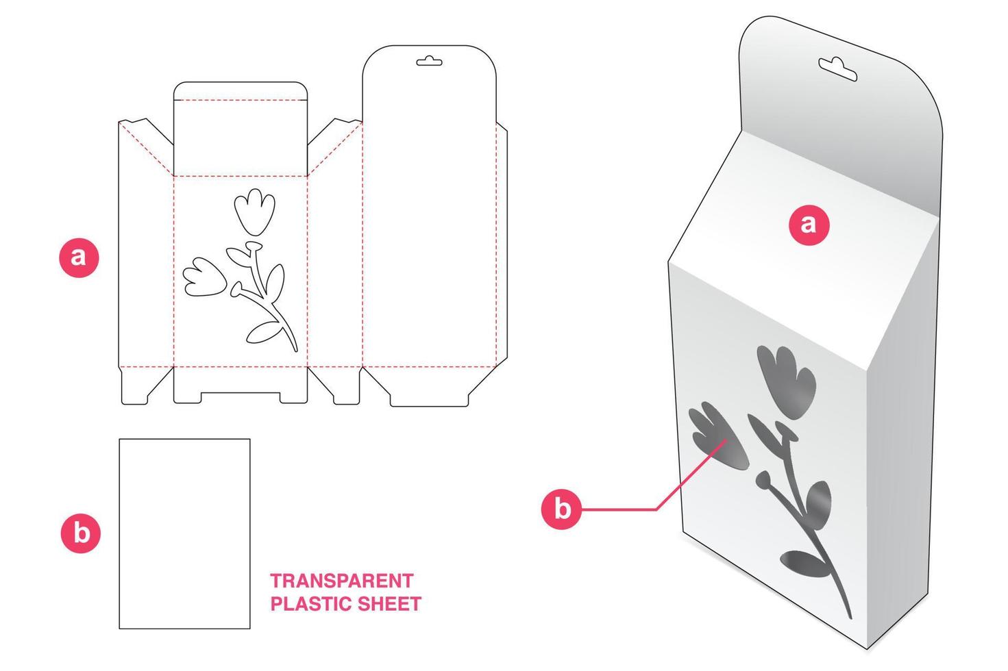 scatola inclinata sospesa con finestra icona fiore e modello fustellato in foglio di plastica trasparente vettore