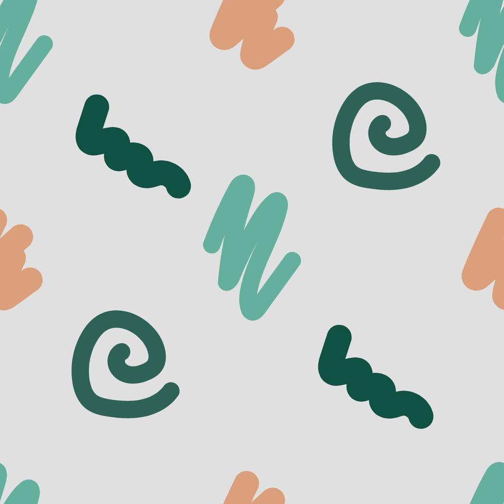 modello senza cuciture di vettore calmo astratto semplice. spirali verdi, beige, blu-turchesi, scarabocchi, volute su fondo grigio. per stampe su tessuto, prodotti tessili, packaging, carta.