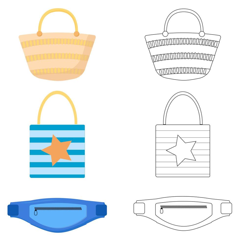 set di diverse borse estive, shopping tote bag, borsa di paglia, marsupio. borse estive illustrazione vettoriale su sfondo bianco