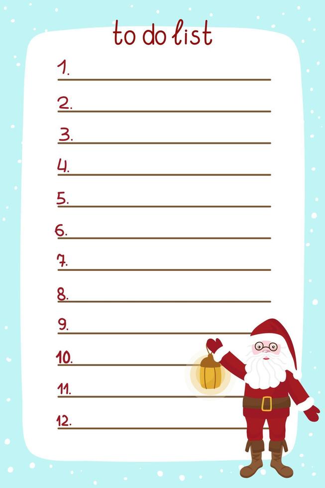 una lista dei desideri, un modello di pagina di Natale e Capodanno, con Babbo Natale. illustrazione vettoriale isolato su uno sfondo bianco.