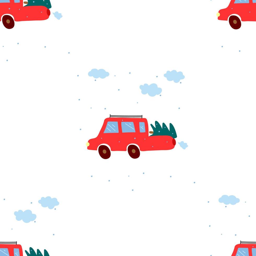 modello senza cuciture con un camioncino rosso che trasporta un albero di natale in inverno, nevica. sfondo vettoriale festivo per la stampa su carta, tessuto, imballaggio.