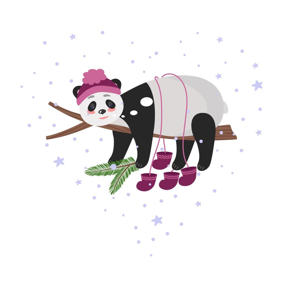 cartolina di natale con un orso panda addormentato su un albero. in caldi abiti invernali, sciarpa e calzini. illustrazione vettoriale per design e arredamento, banner