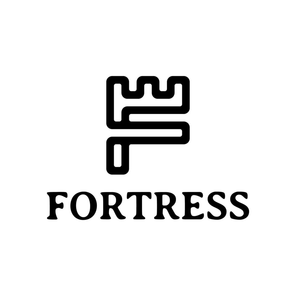design del logo del castello della fortezza della lettera f vettore