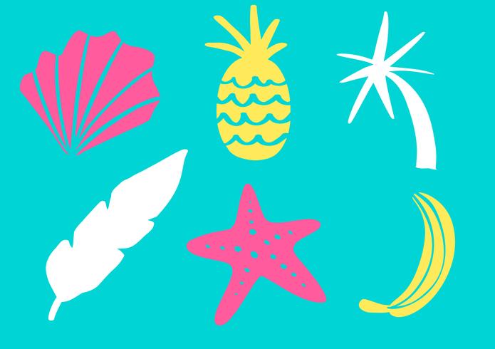 Collezione tropicale per le foglie esotiche della spiaggia estiva, foglie, ananas, palme e frutti. Elementi di design vettoriale isolati su sfondo bianco