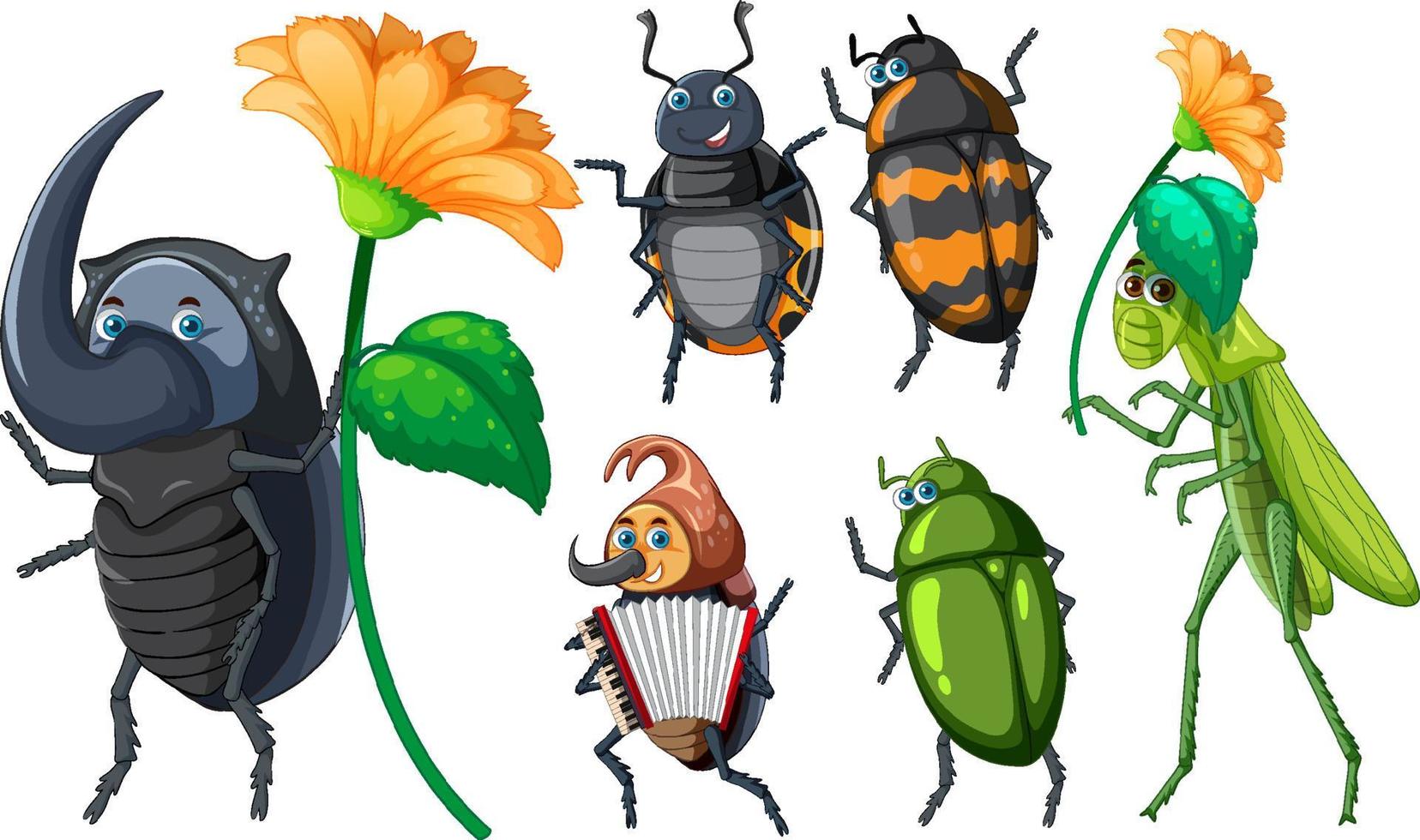 set di diversi insetti e coleotteri in stile cartone animato vettore