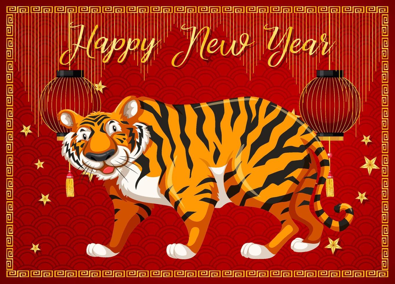 felice anno nuovo con la tigre su sfondo rosso vettore