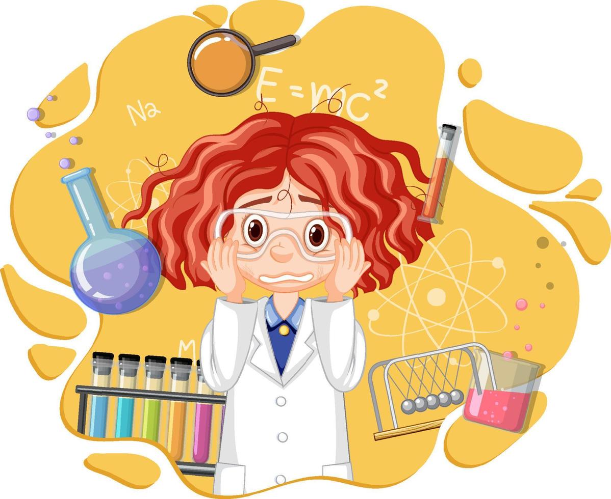 personaggio dei cartoni animati della ragazza dello scienziato con le attrezzature di laboratorio vettore