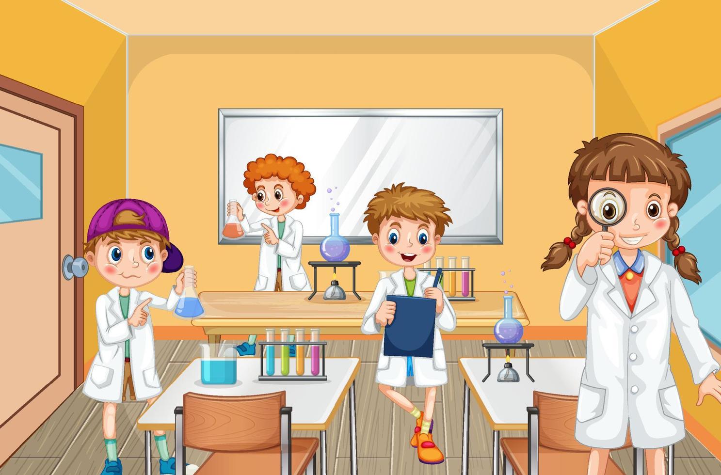 bambini scienziati nella scena della stanza del laboratorio vettore