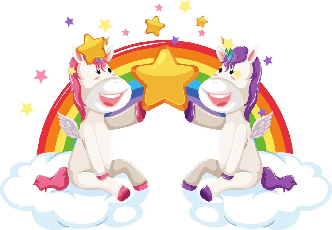 due simpatici unicorni seduti sulle nuvole con arcobaleno vettore