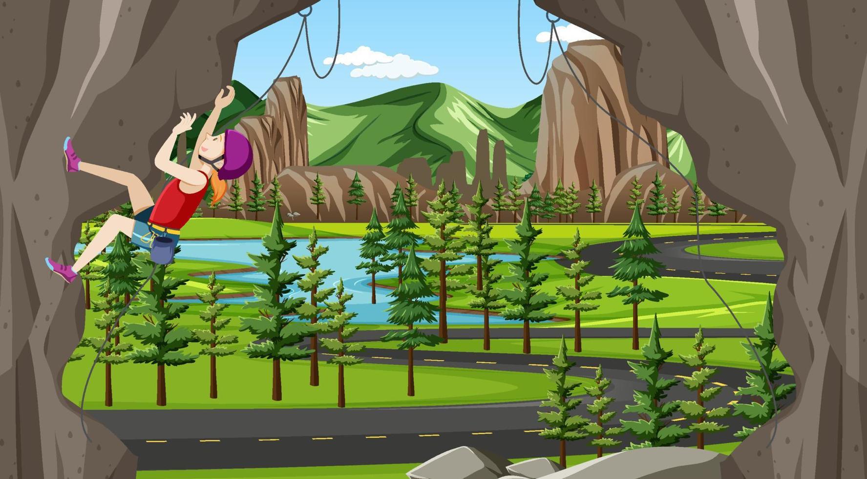 scena di arrampicata su roccia con donna che si arrampica vettore