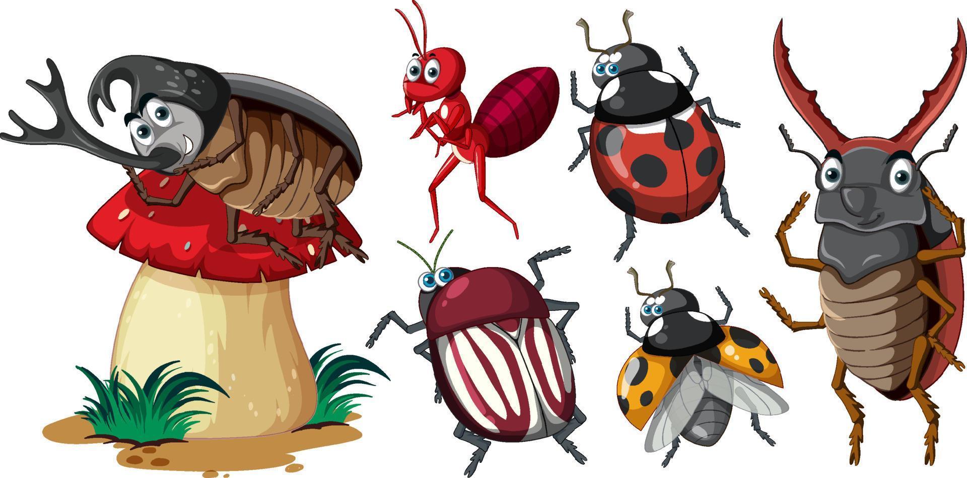 set di diversi insetti e coleotteri in stile cartone animato vettore