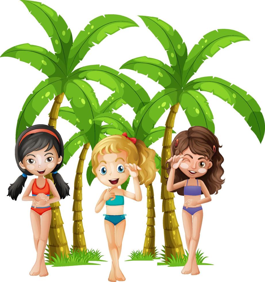 tre ragazze in costume da bagno con palme vettore
