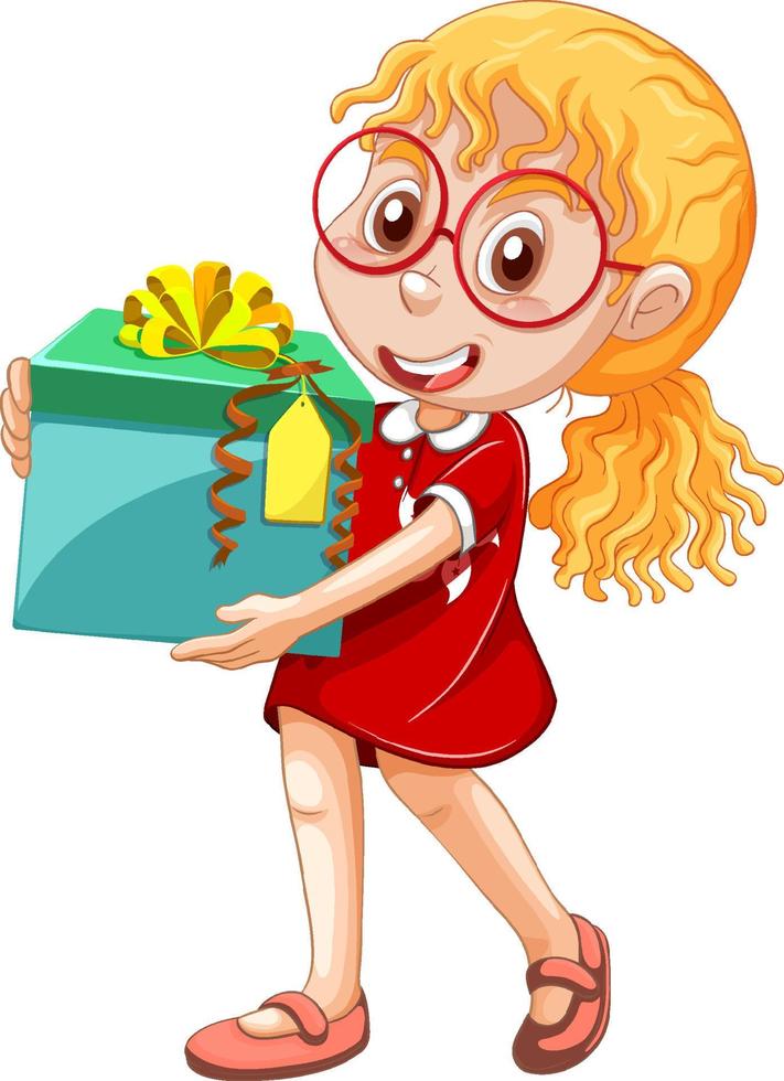 una ragazza in possesso di un personaggio dei cartoni animati di scatola regalo su sfondo bianco vettore