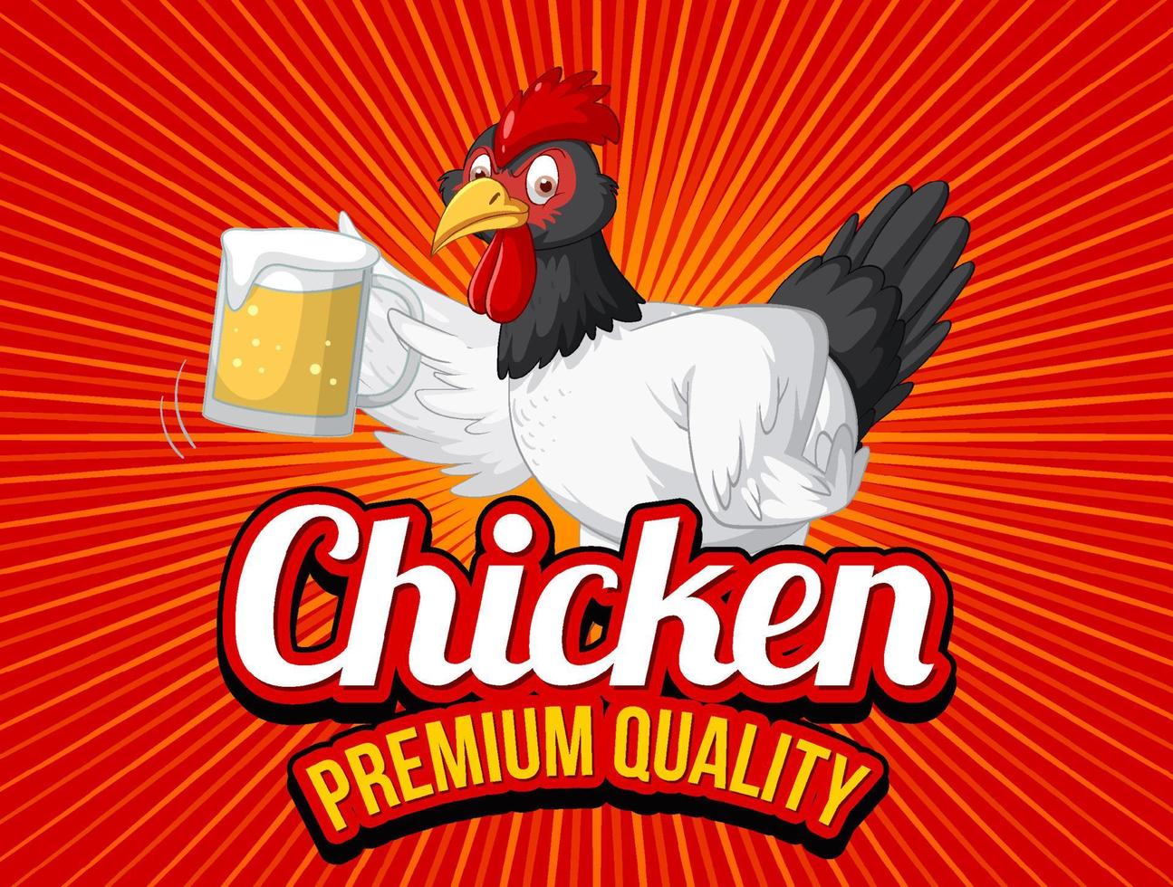 banner di qualità premium di pollo con pollo che tiene un bicchiere di birra vettore