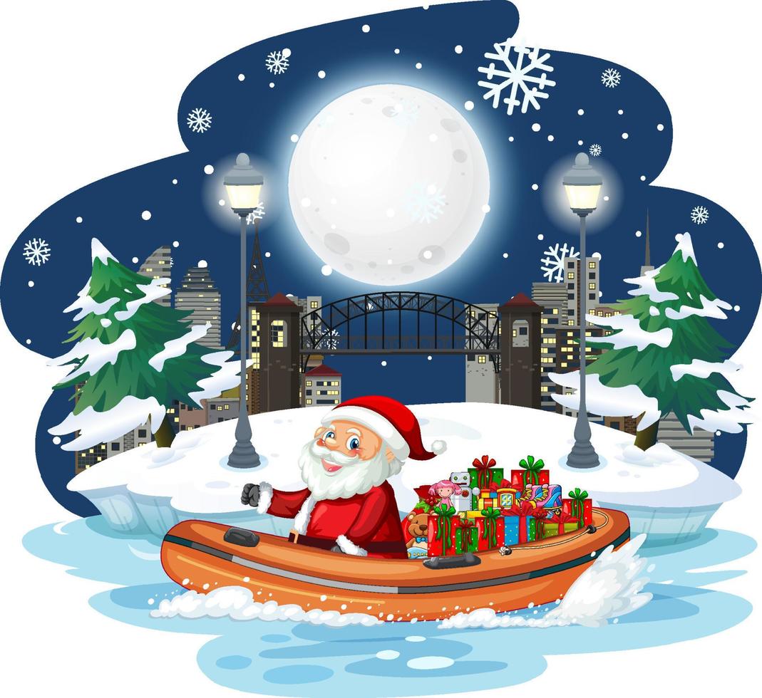 notte nevosa con Babbo Natale su una barca vettore