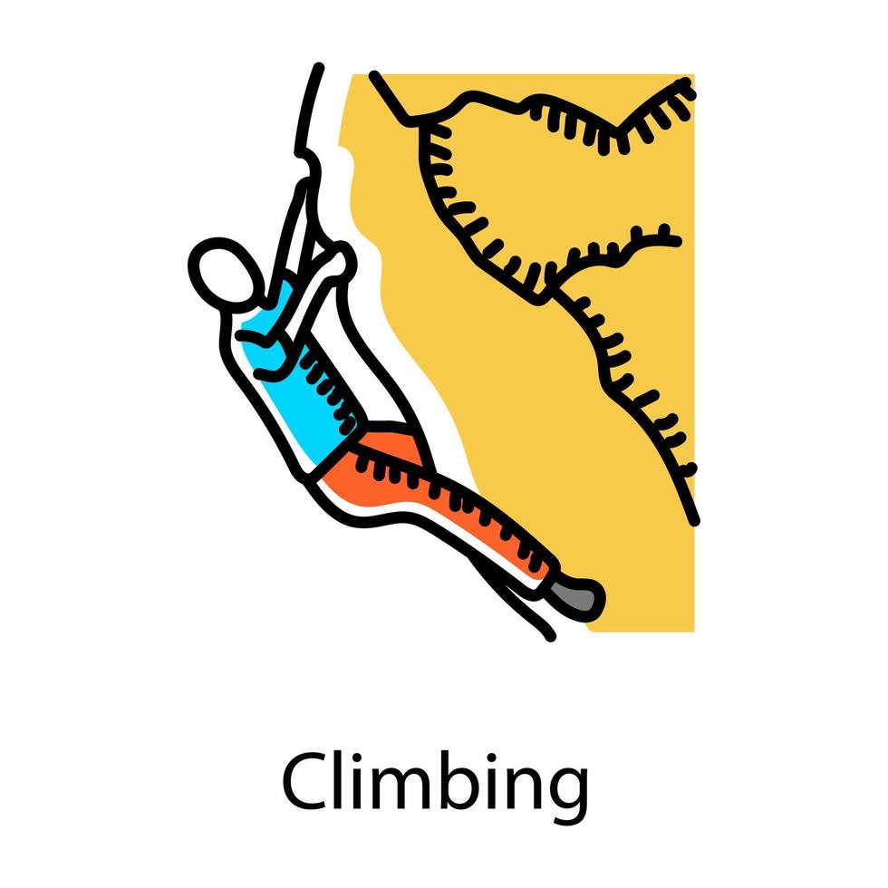 uomo con corda che indica l'icona disegnata a mano dell'icona di doodle di arrampicata vettore