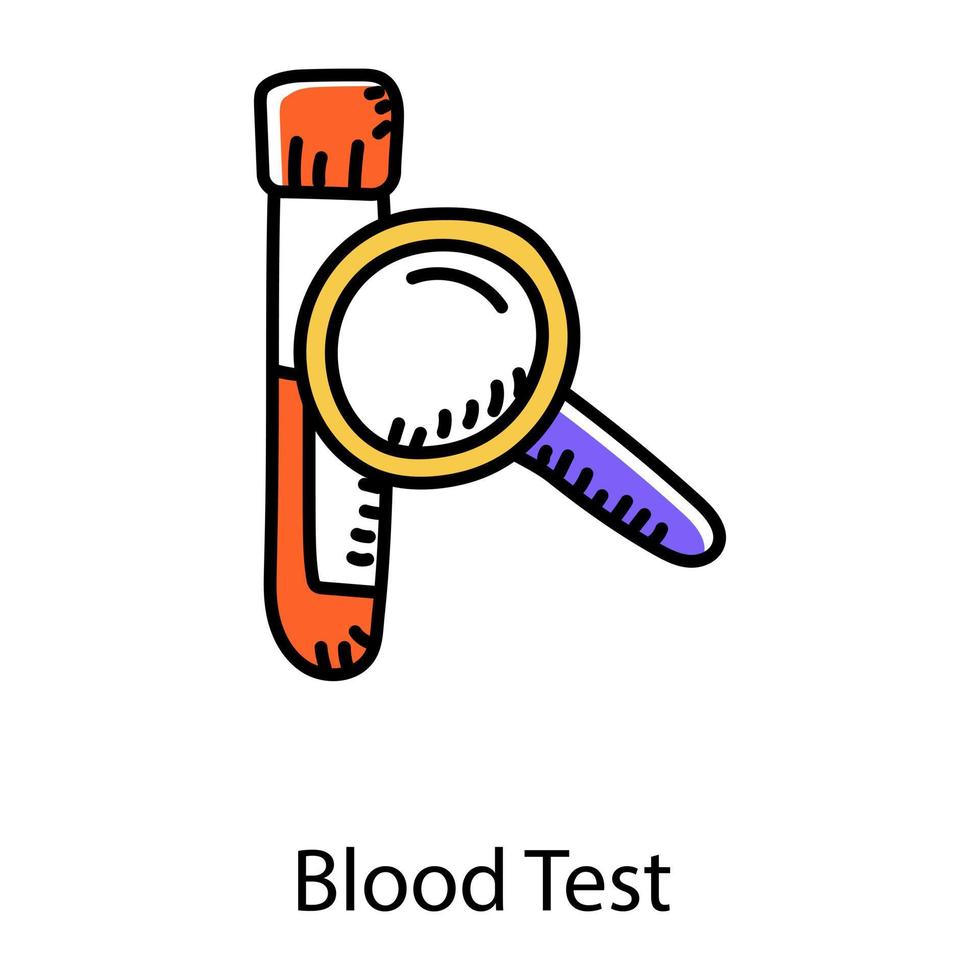 lente d'ingrandimento con provetta che indica un esame del sangue in stile doodle vettore