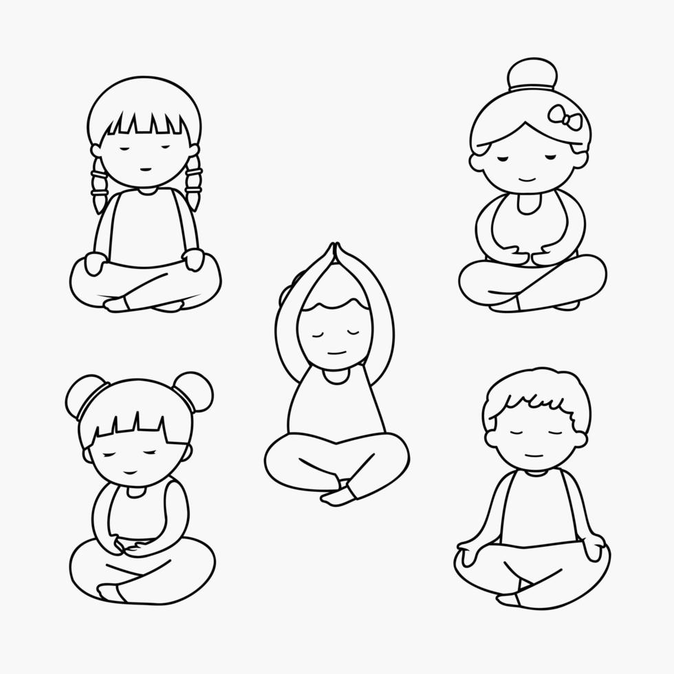 fascio di meditazione yoga. cartone animato doodle line art meditando raccolta bambini illustrazione vettore